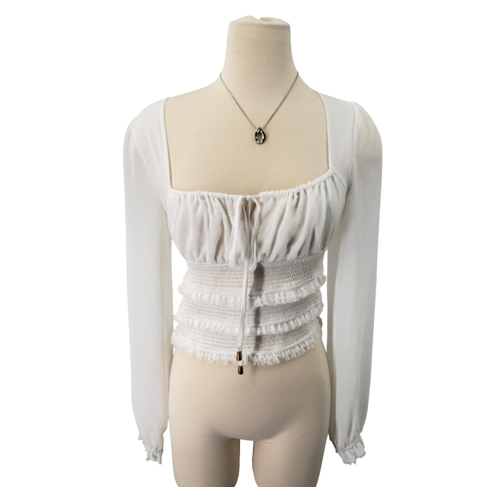 Free People Smocked Crop Top Womens XS White Boho Peasant Ruffle Long Sleeve